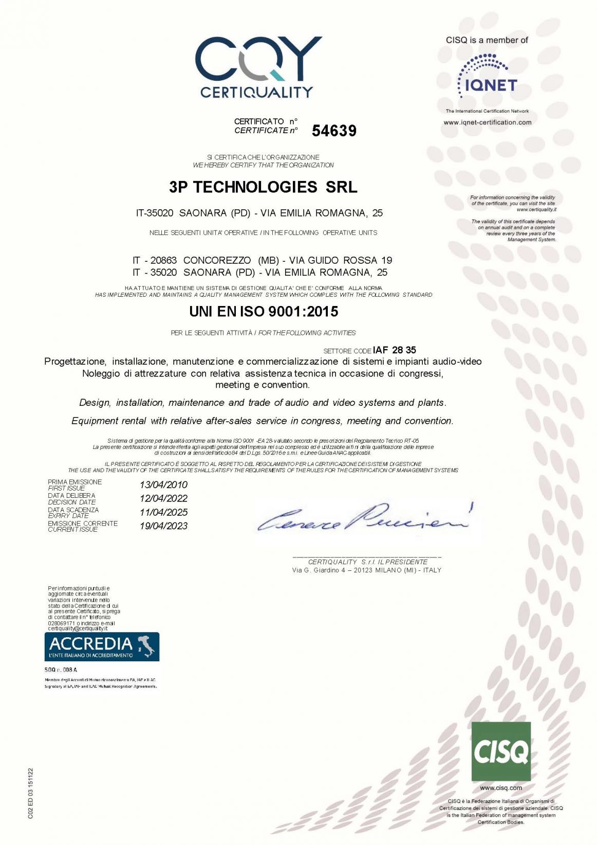 CERTIFICAZIONI • 3P Technologies